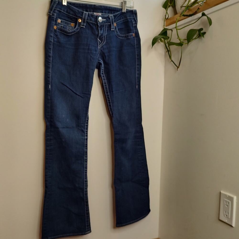 True Religion Dark Wash Boot Cut Crystal Pocket Jeans Waist Size 28